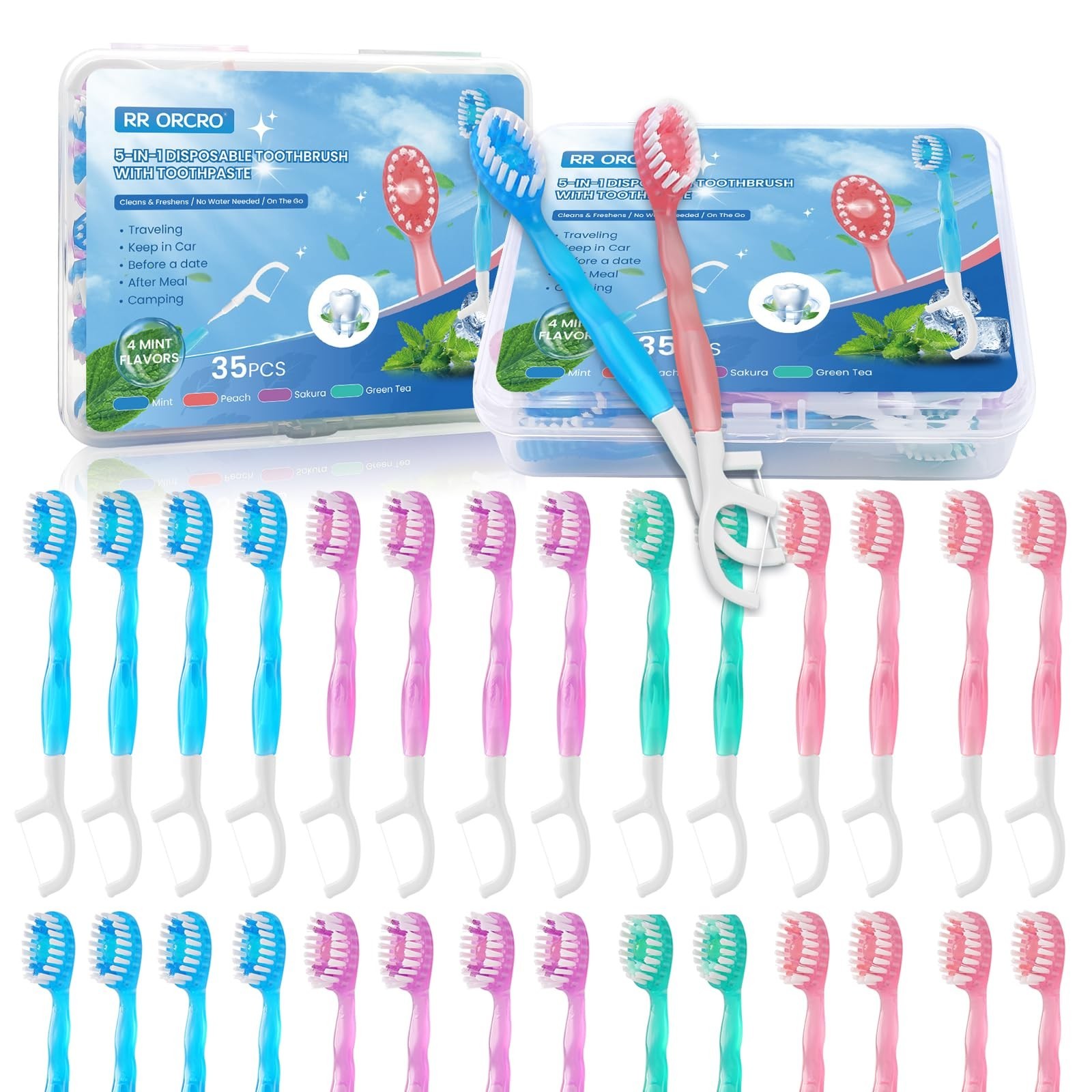 70ct Mini Disposable Toothbrushes with Toothpaste, 5-In-1, No Rinsing | Water…