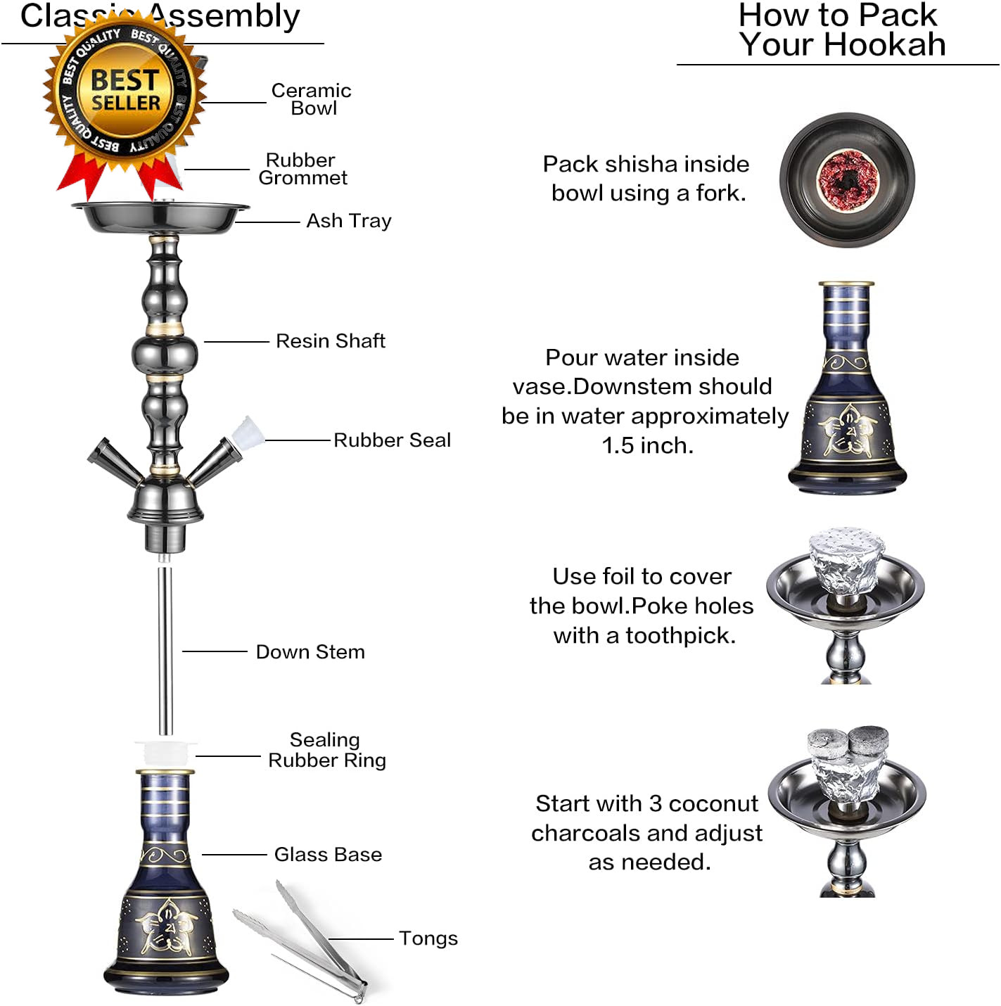 20 Hookah Set 2 Hose Premium Shisha Hookah Kit with Glass Vase Ceramic Bowl…
