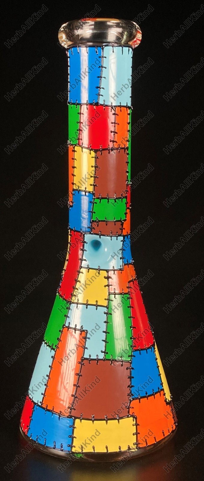 10&Prime; Thick Glass Beaker Bong Blue Green Red Yellow Colorful Patches & Grinder