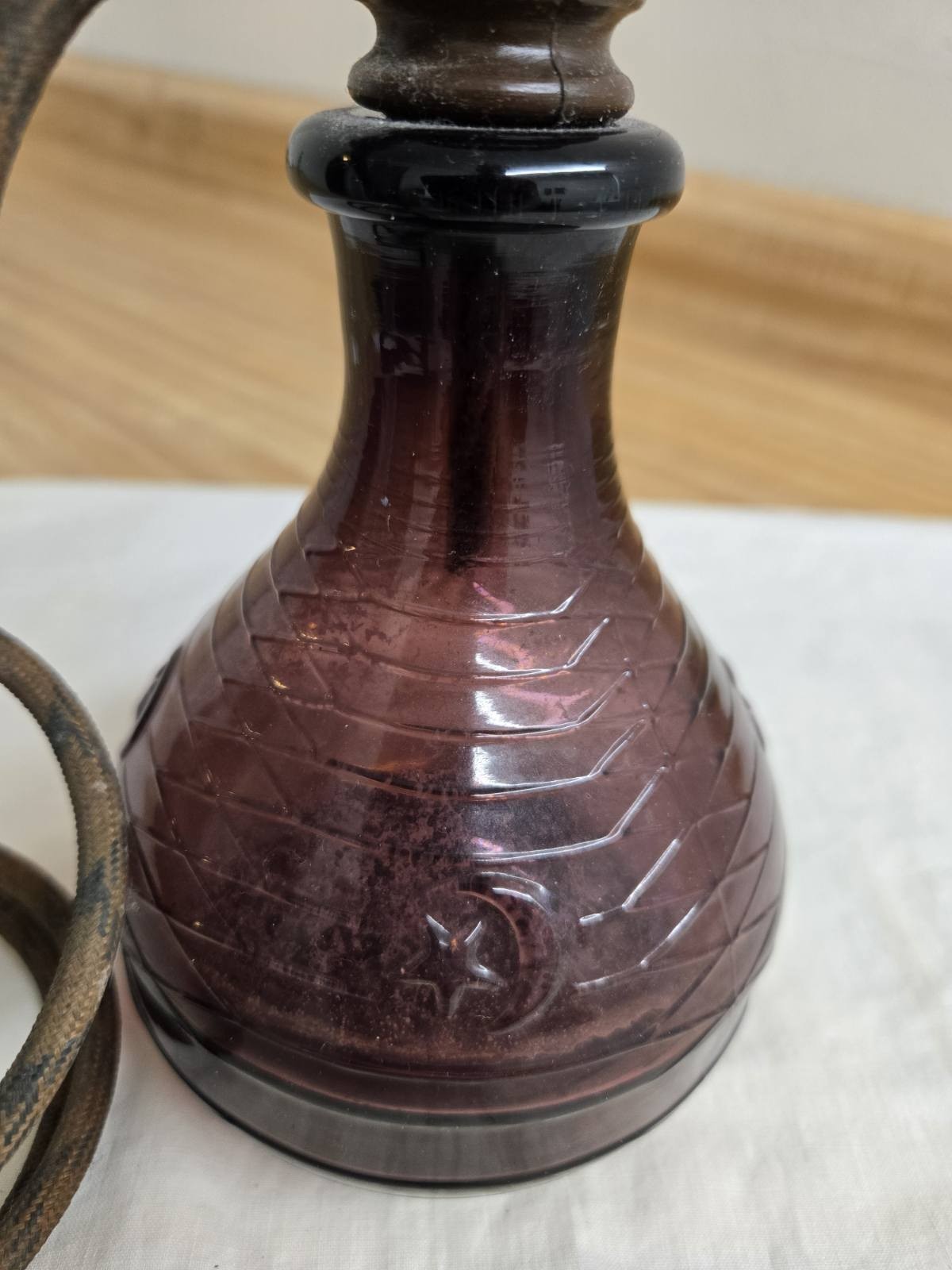 Vtg. purple glass hookah water pipe: moon/stars bong bottle, Italy.