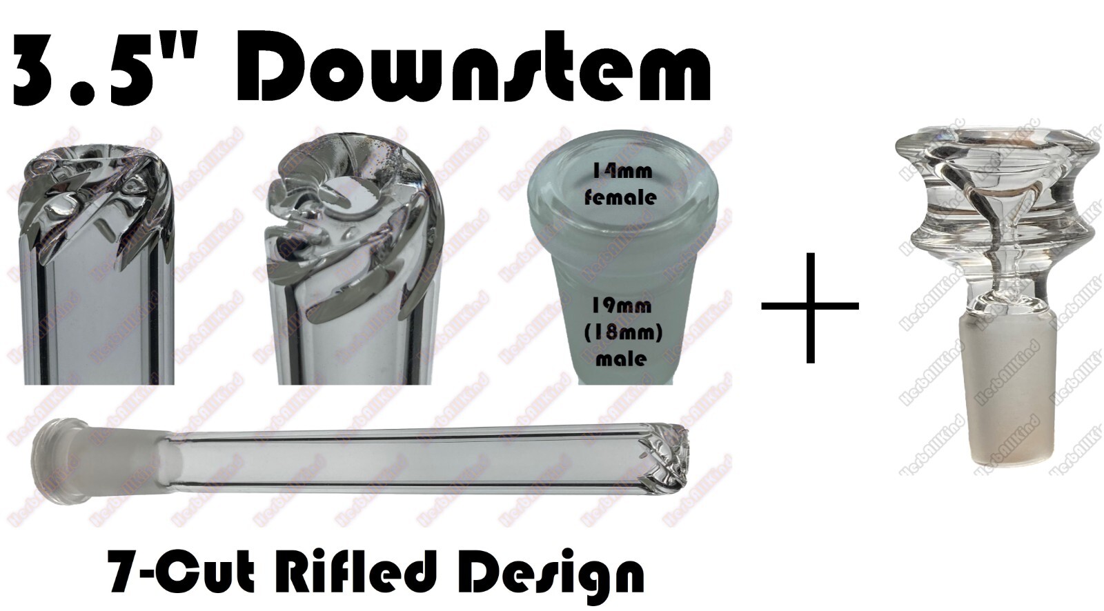 3.5&Prime; Glass Downstem Rifled Cut Perc 19mm ( 18mm ) to 14mm Low Profile + Bowl