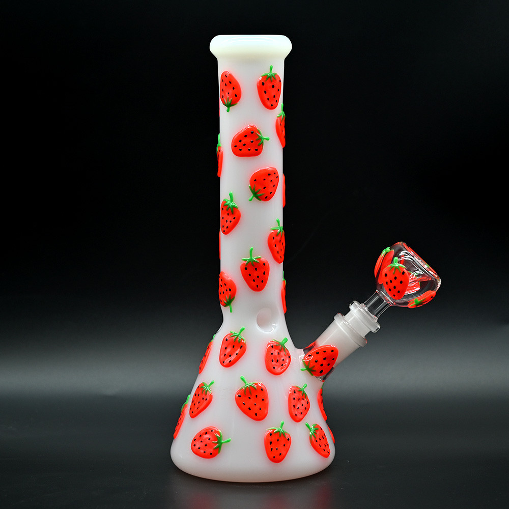 CUTE 10&Prime; Glass Bong Strawberries Glow in the Dark Smoking Beaker Water Pipe USA