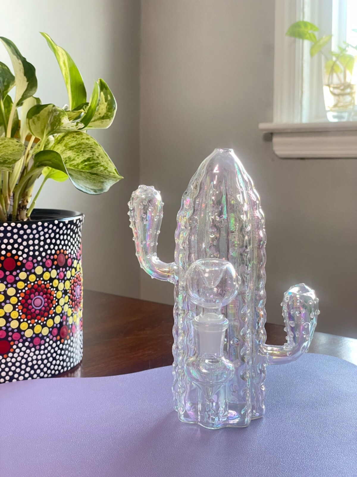 Hookah Water Pipe Glass 7&Prime; Pink Iridescent & Green Cactus Tobacco Bong Boho Vibe