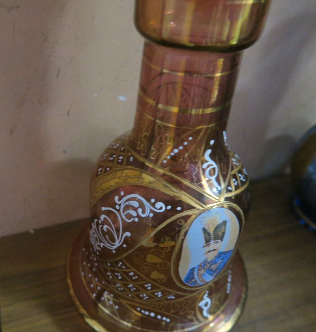 VINTAGE BOHEMIAN GLASS HAND PAINTED HOOKAH BASE BOTTLE QAJAR KINGS PORTRAIT