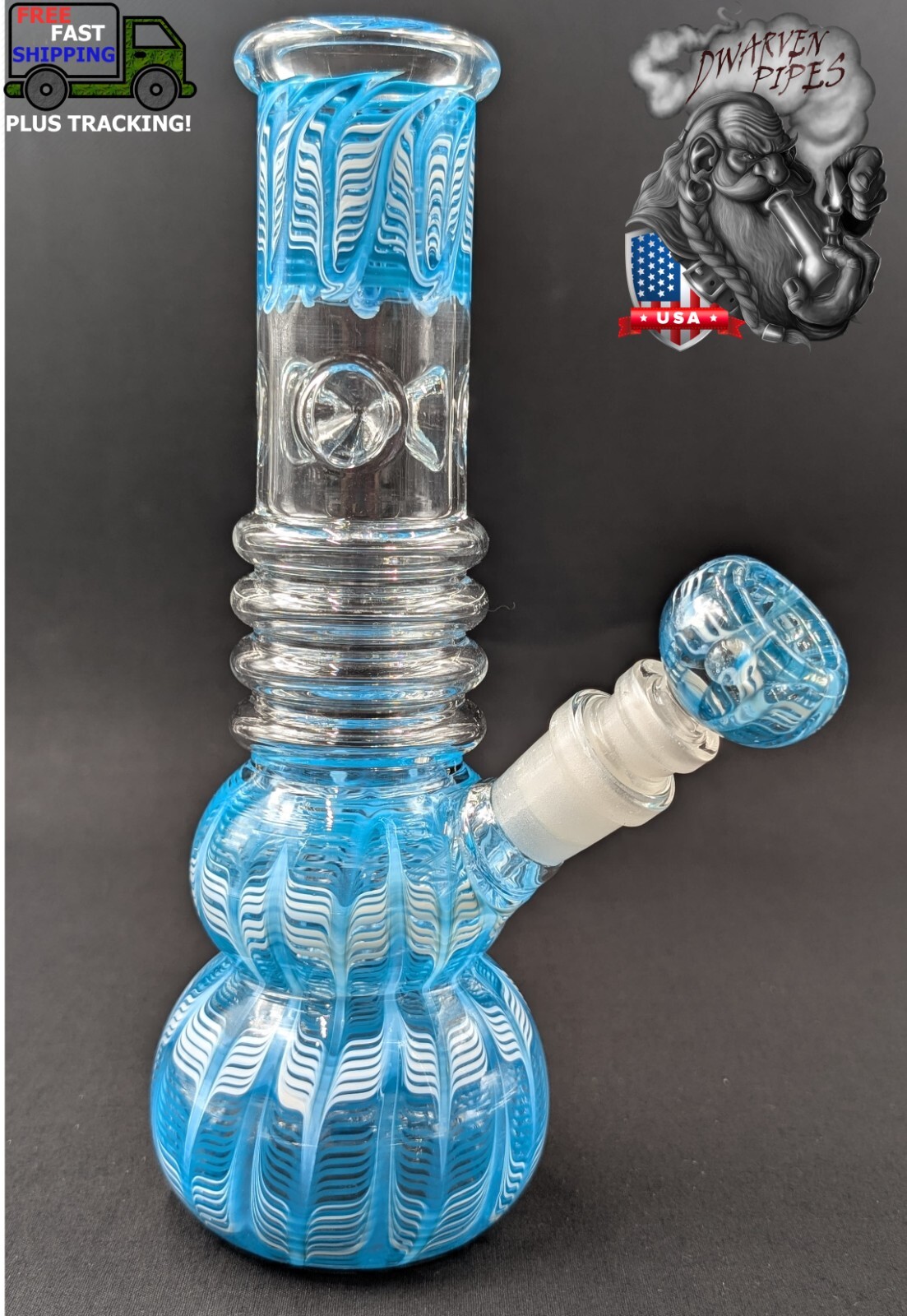 9&Prime; Inch Glass Hookah Water Pipe Bong Sky Blue White Swirls