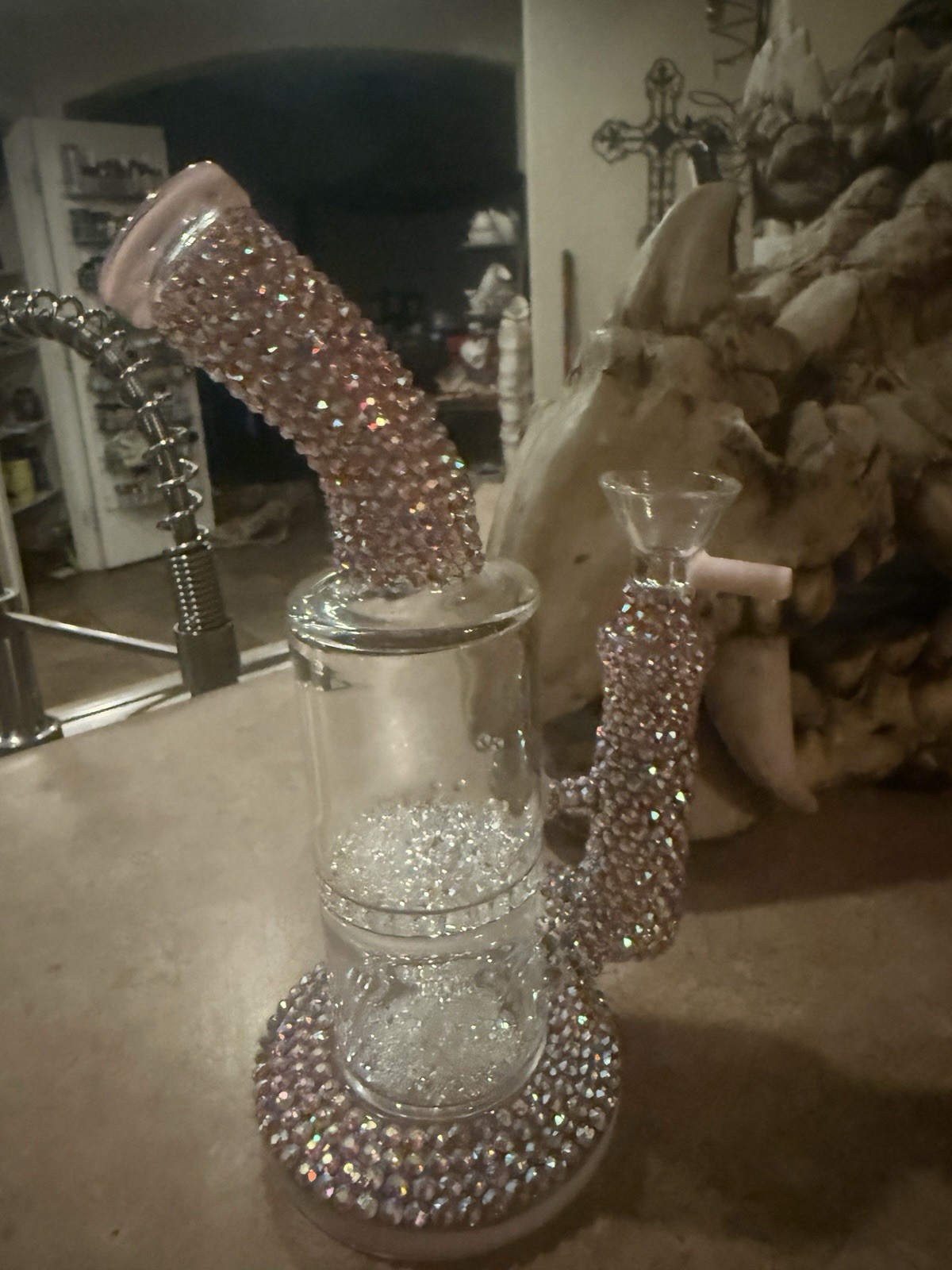 Crystal Encrusted Glass Water Pipe with Diamond Pattern. Girly bong Bling Bong