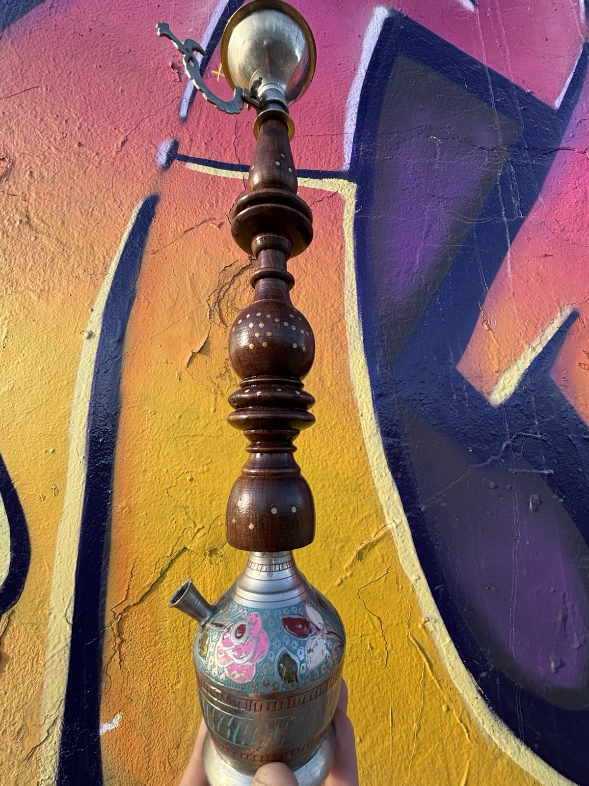 Vintage Ornate Brass Wood Hookah Pipe 16.5” Tall Pipe Boho Flower Decor