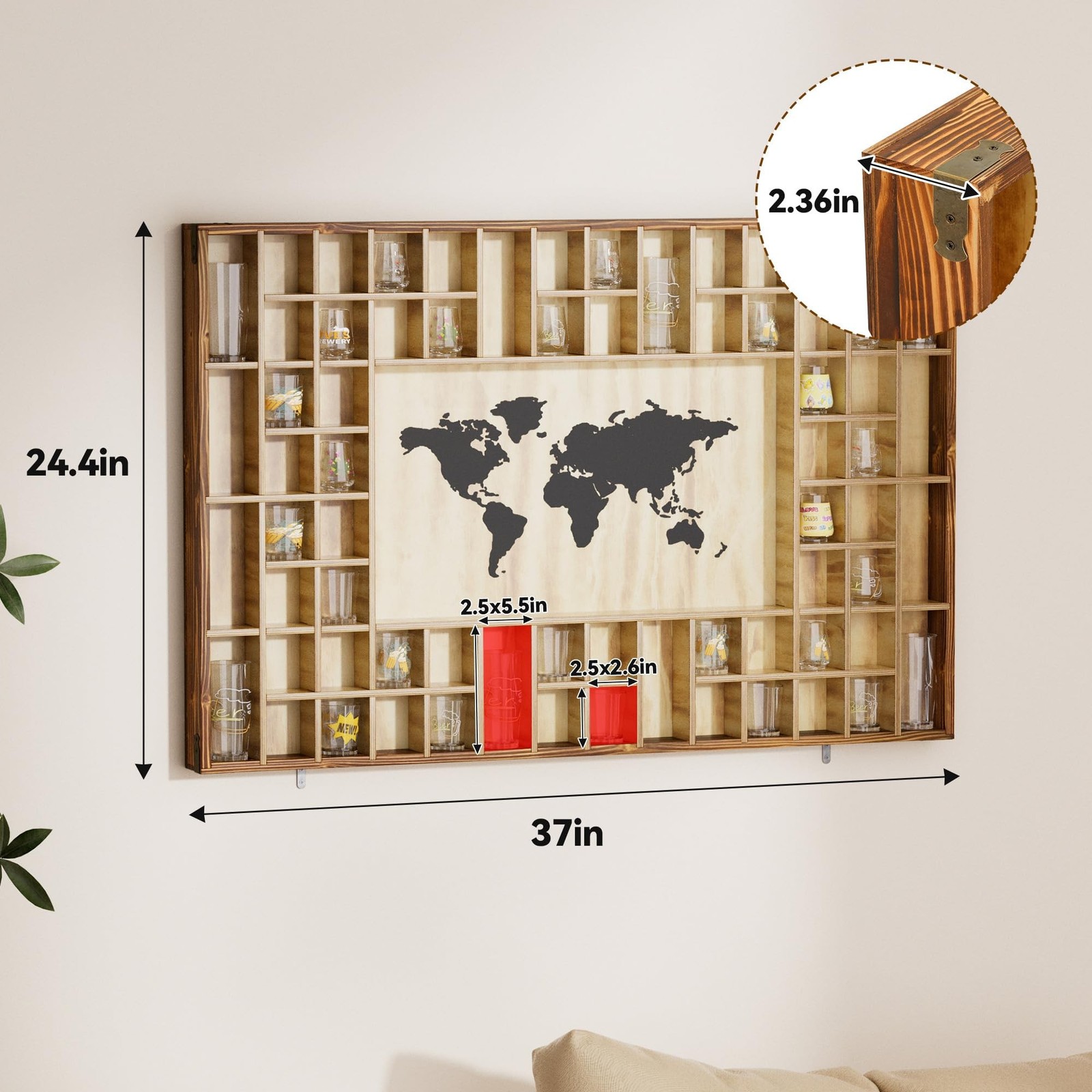 68 Large World Map Shot Glass Display Case Rustic Shot Glass Holder 37x 24.4i…