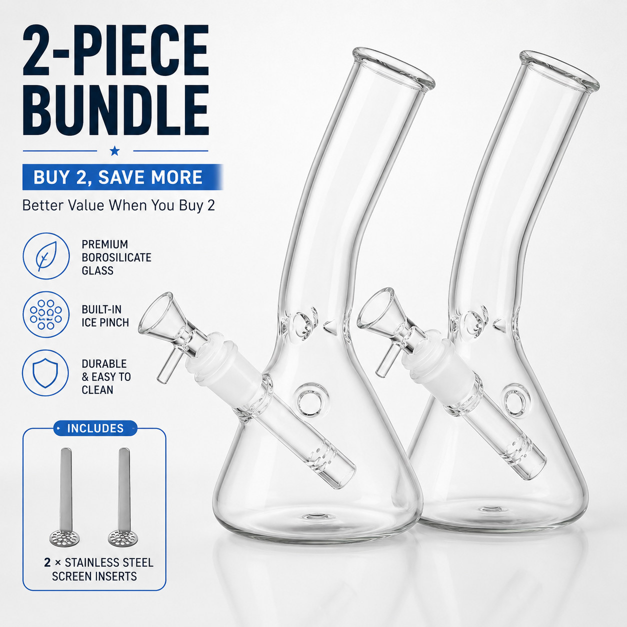 2Pack 8in Glass Bong Heavy Water Pipe Smoking Beaker 14mm Bowl Hookah W/ Screen