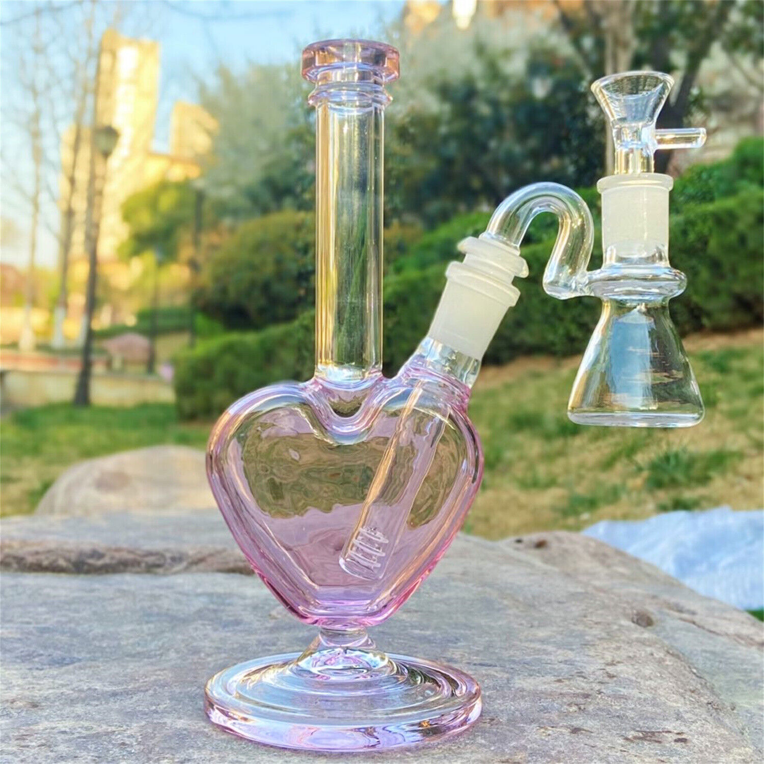 Pink 9&Prime; Glass Hookah Water Pipe Bong Heart Shape Smoking Tobacco W/Ash Catcher