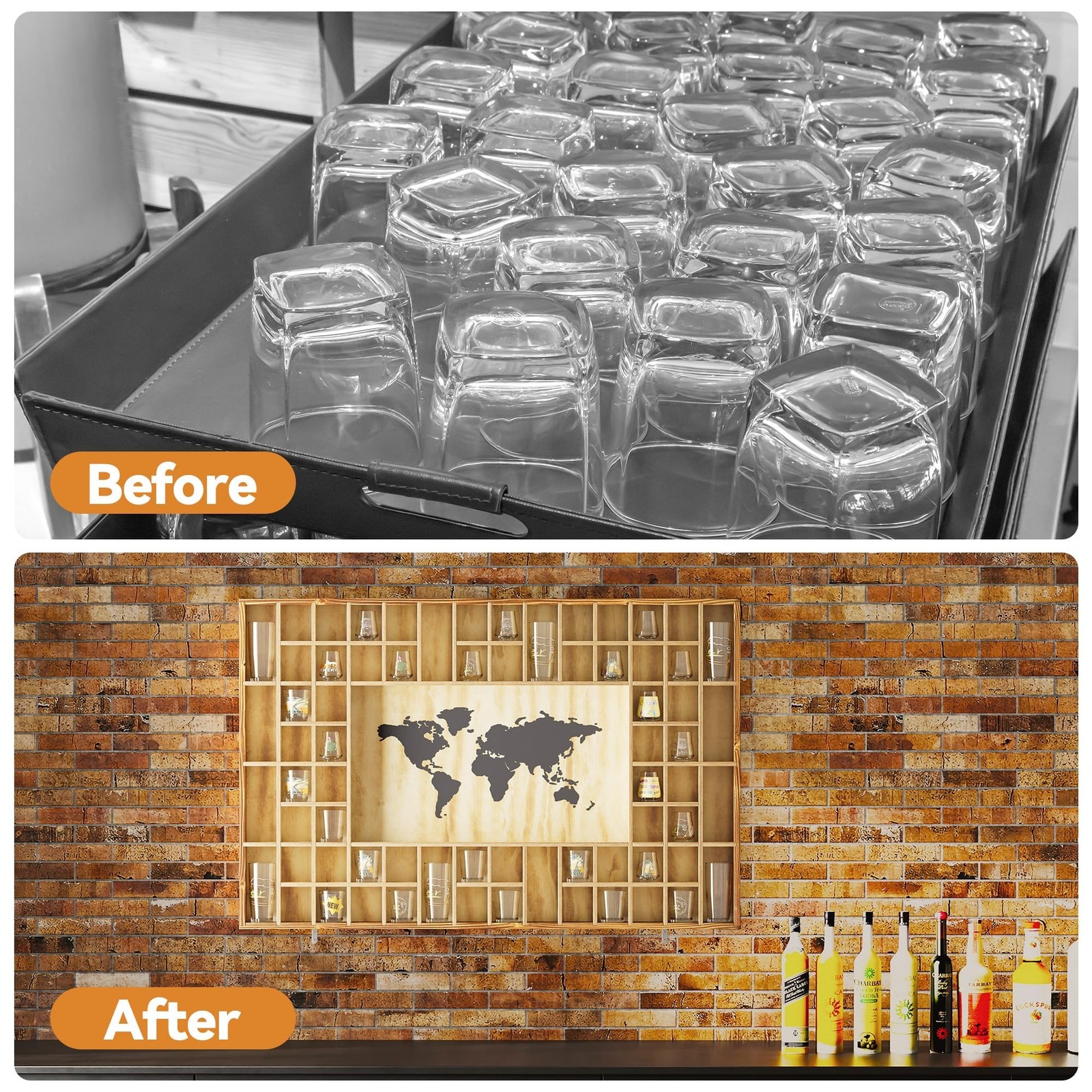 68 Large World Map Shot Glass Display Case Rustic Shot Glass Holder 37x 24.4i…
