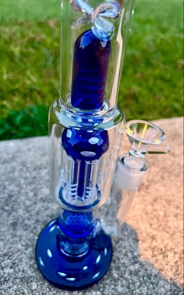 10&Prime; Blue Glass Bong Water Pipe Hookah Speckle Smoking Filter W/Blue Ash Catcher