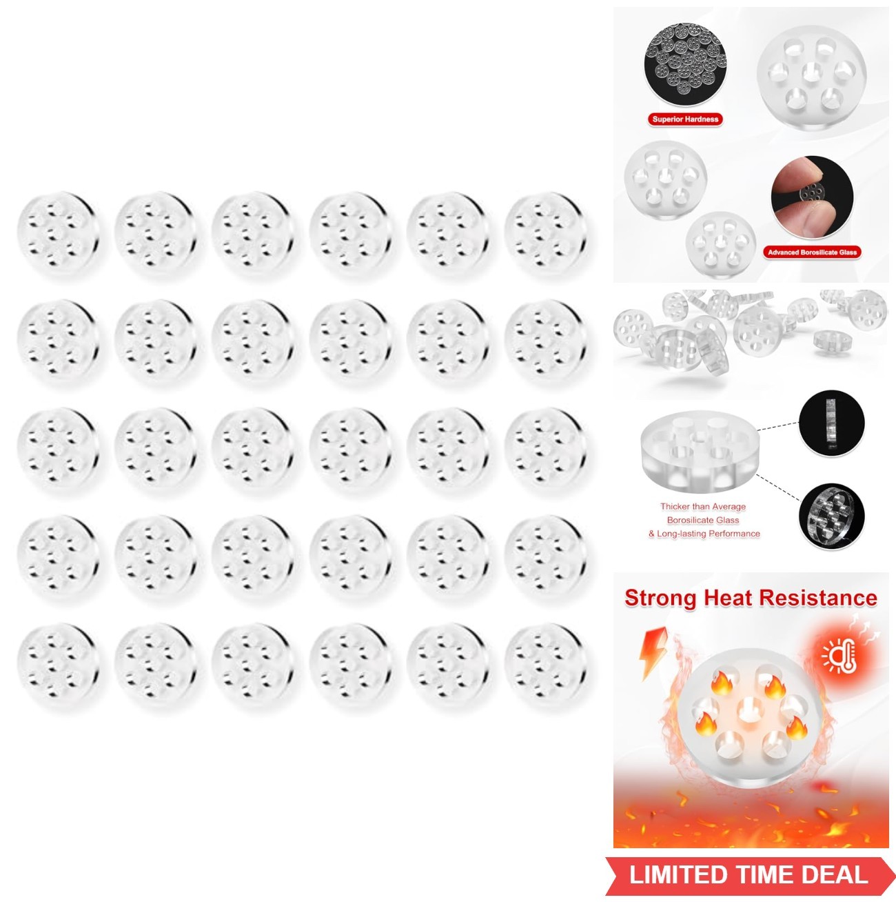 8mm Glass Screens 7 Holes 30 Pack Transparent High Borosilicate Glass Sieves