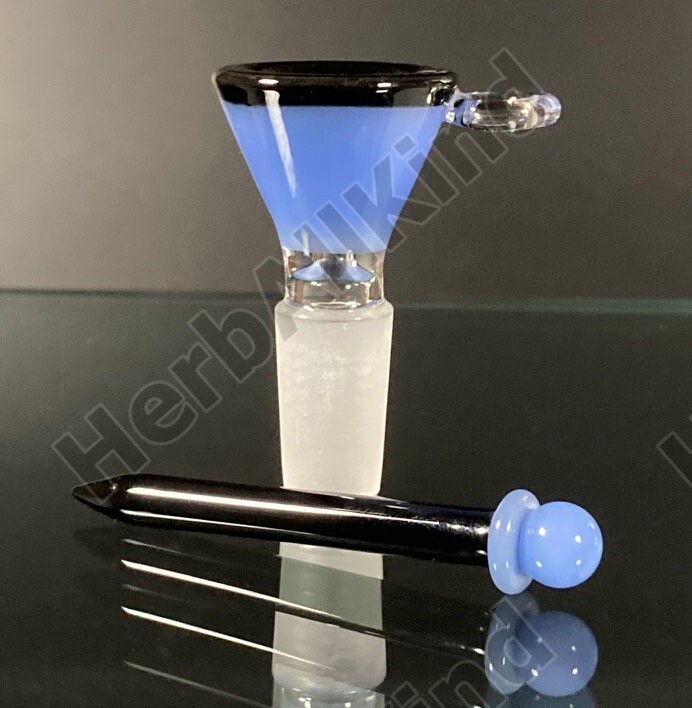 14mm Male Blue Black Glass Funnel Bowl w Poker Wand & Clear Holder Loop
