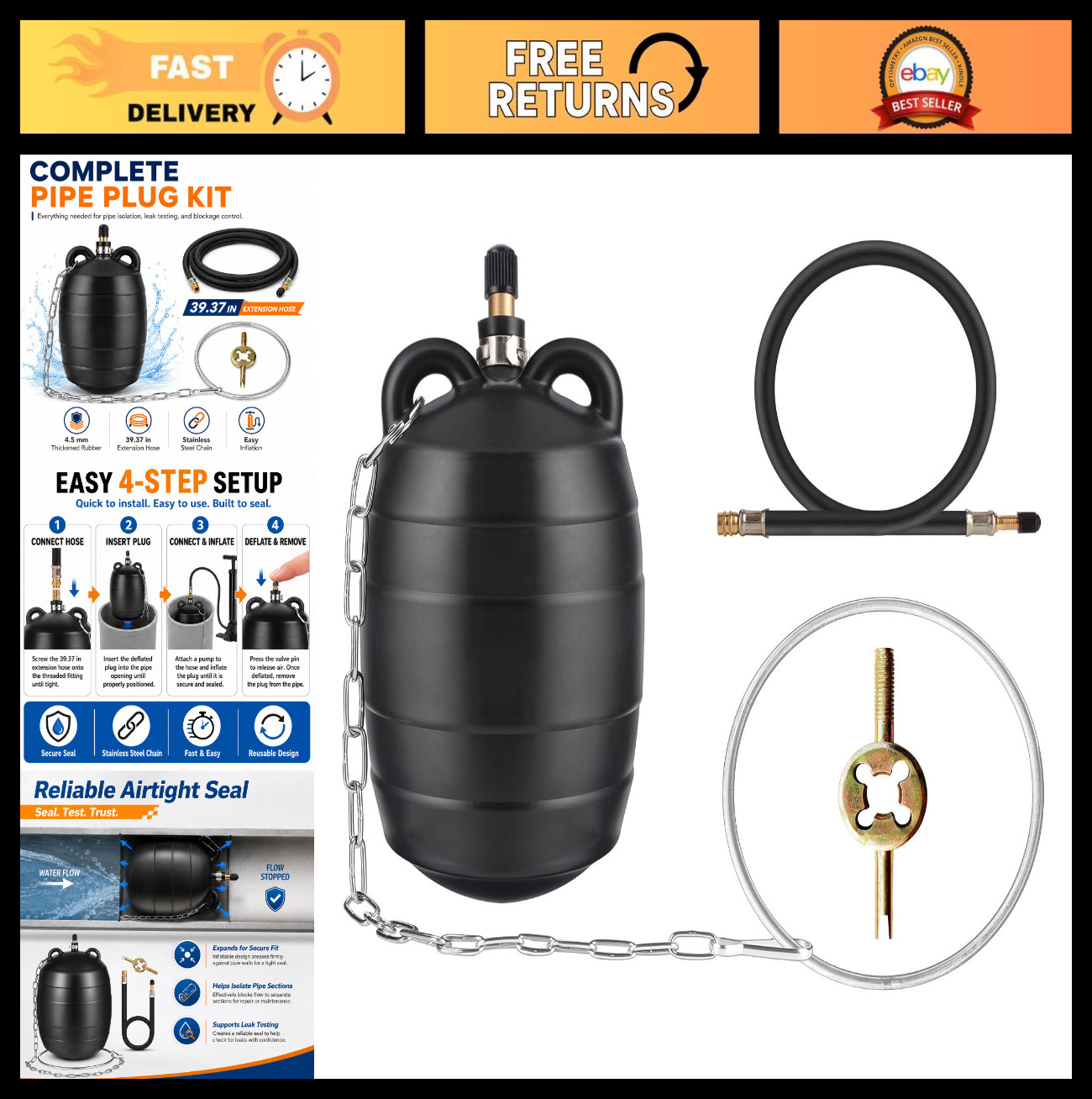 Inflatable Pipe Test Plug – 3 Inch with 39.37&Prime; Rubber Hose & Anti-Fall Ring
