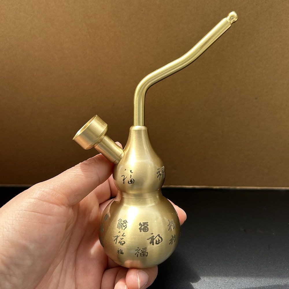 Large Solid Brass Fu Character Hookah Water Pipe Gourd Water Filter