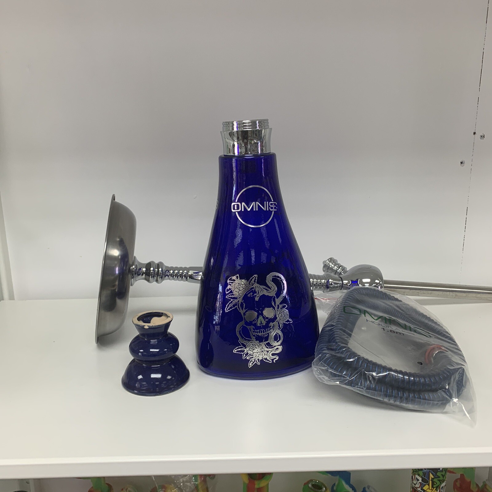 Omnis Tall Blue Color Glass Vase: Hose Complete Set Sharing Hookah
