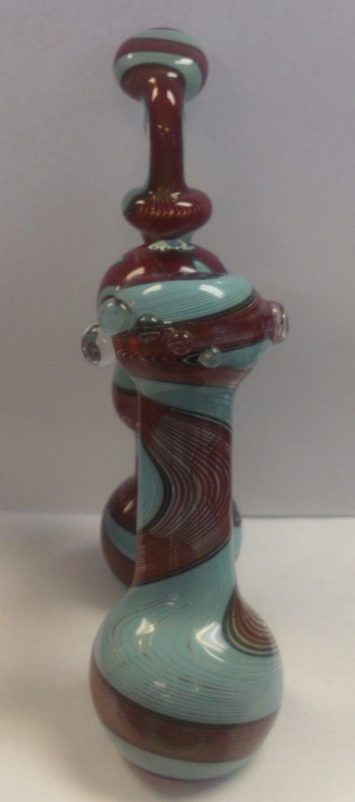 6&Prime; CRUSH GLASS DOUBLE BUBBLER WATERPIPE HANDPIPE – WAVY LINE RED, LT BLUE & GRAY