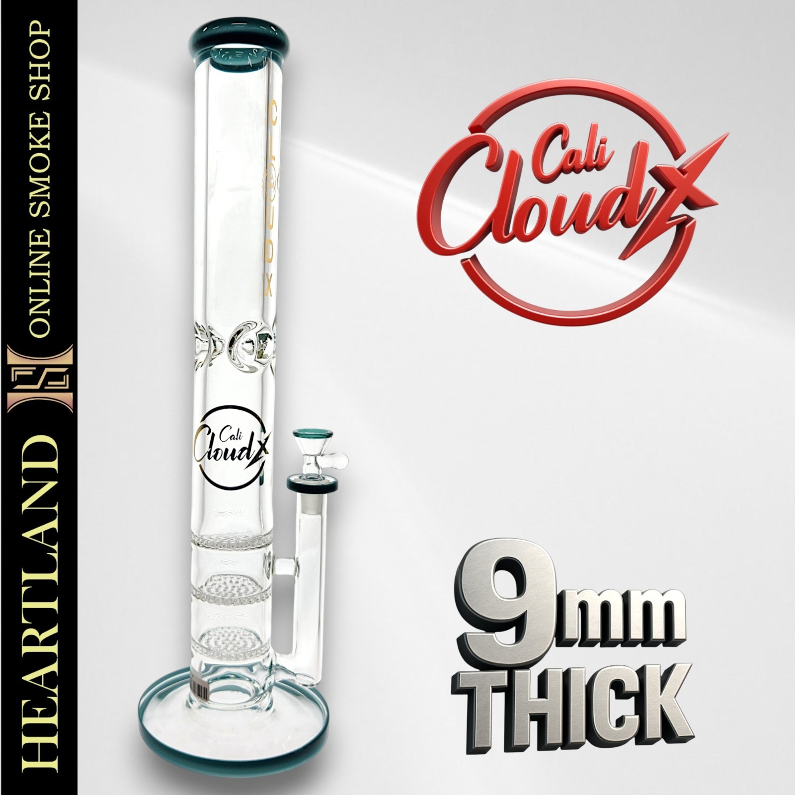 16&Prime; Cloudx 9mm Thick Glass Straight Tube Beaker Bong TRIPLE HONEYCOMB PERC Green