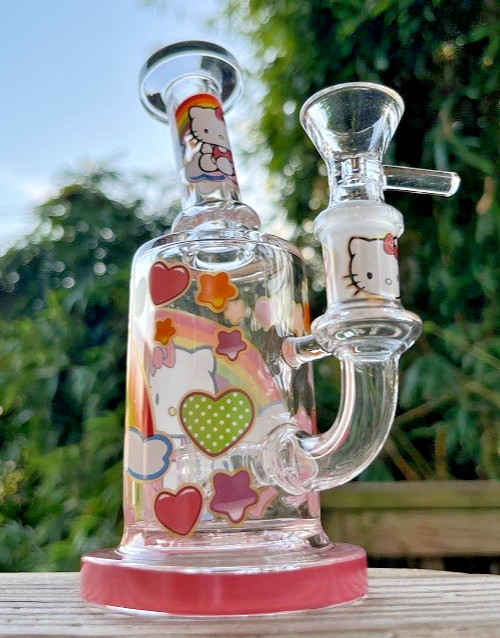 Hello Kitty Glass Water Pipe w/ 14mm Bowl 6.25&Prime; Bubbler Hookah Rainbows & Hearts