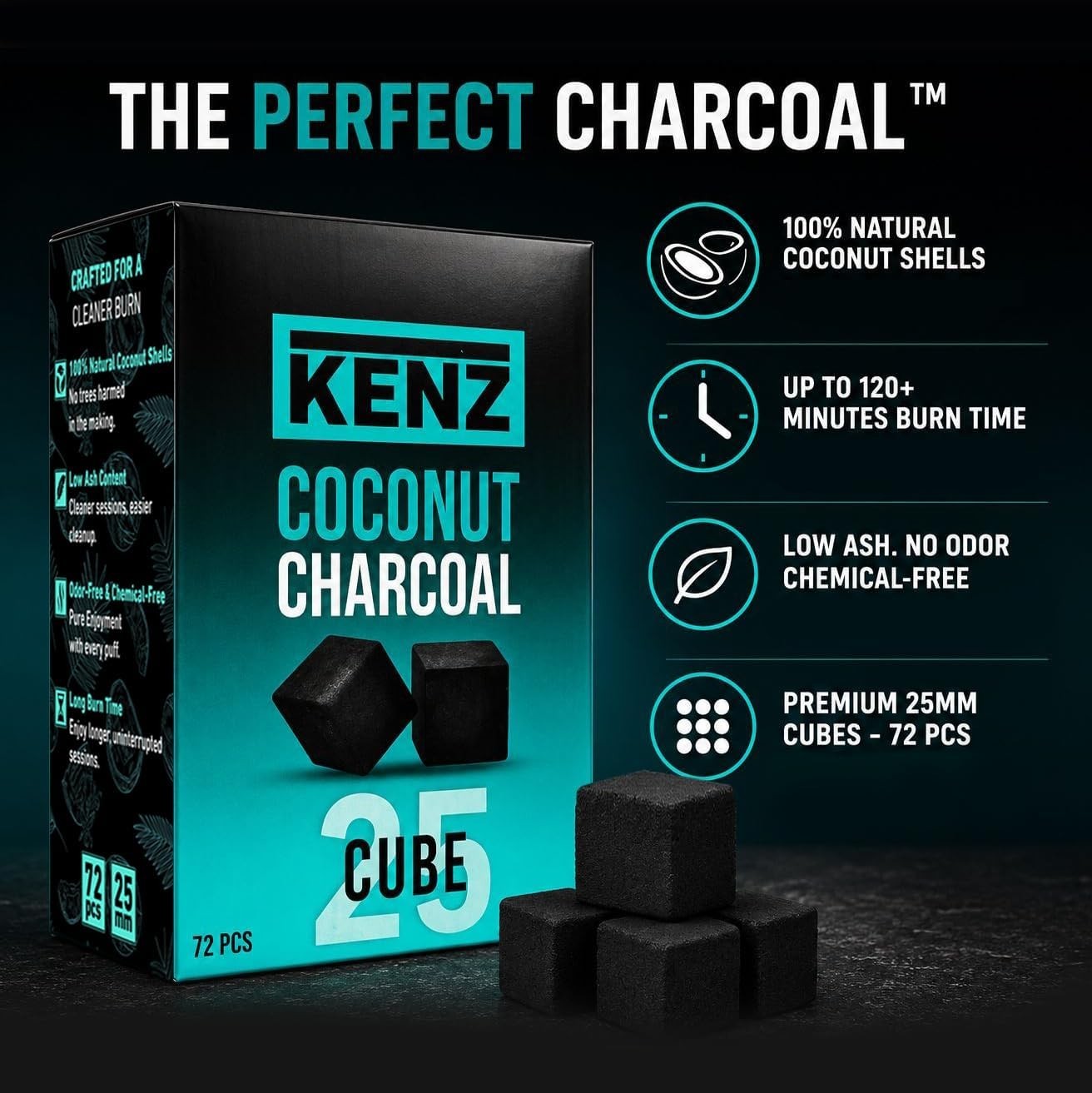 Coconut Charcoal Cubes 25 mm — 100% Natural, Low Ash, 72 pcs