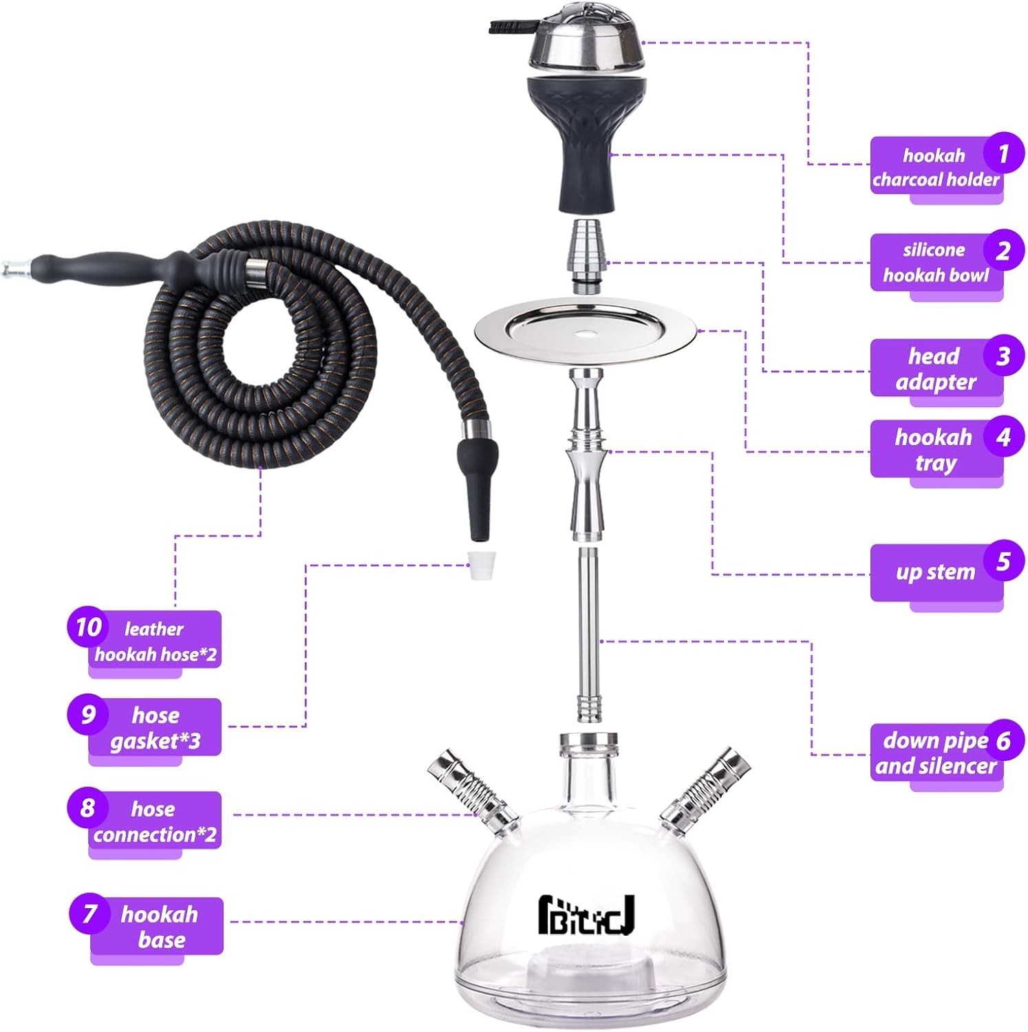 Modern Hookah Set – Complete Shisha Hookah Set with 2 Hoses, LED Light & Travel