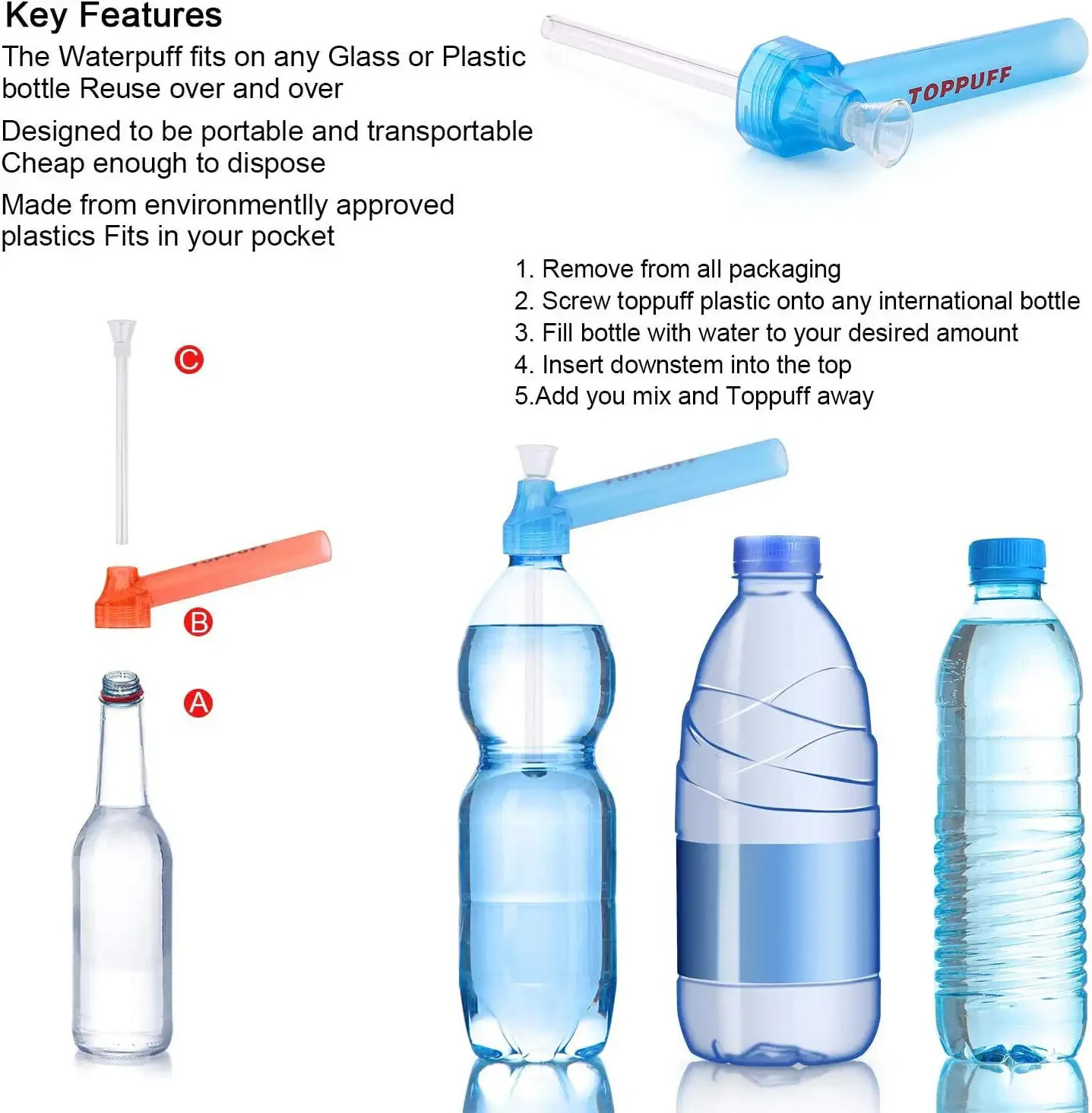 Blue Screw-on Water Bottle Converter Glass Bong Hookahs x2units