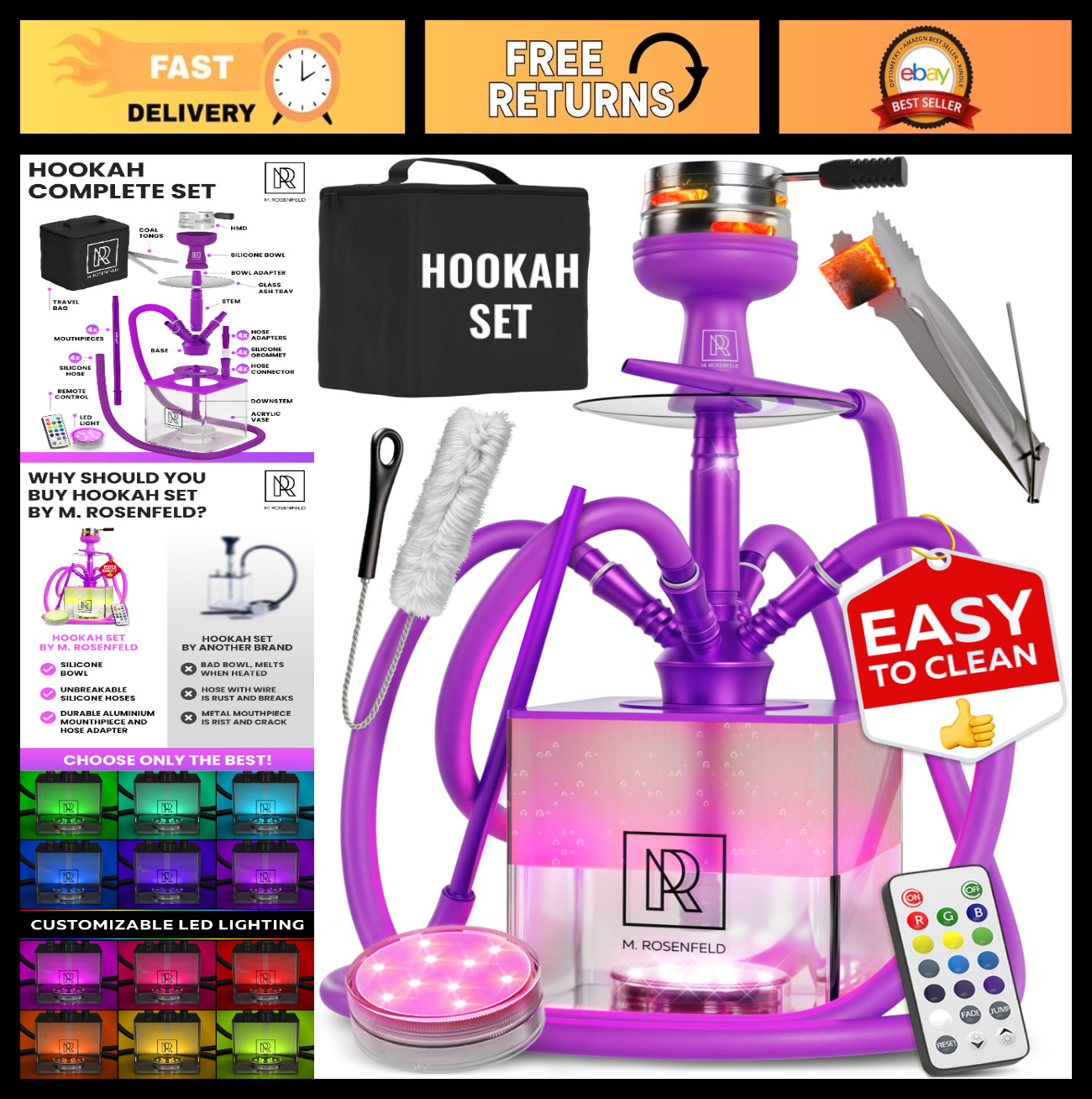 4 Hose Hookah Set – Complete Kit with LED Light, Silicone Hoses, Acrylic Base &