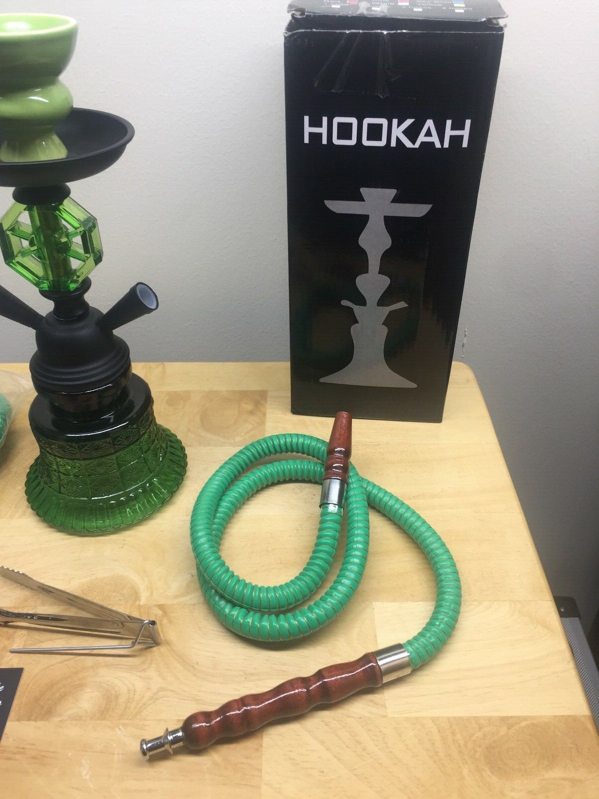 (Green/Black) Glass/Metal/Plastic 2 Hose Tobacco/Shisha Hookah w/ Ceramic Bowl