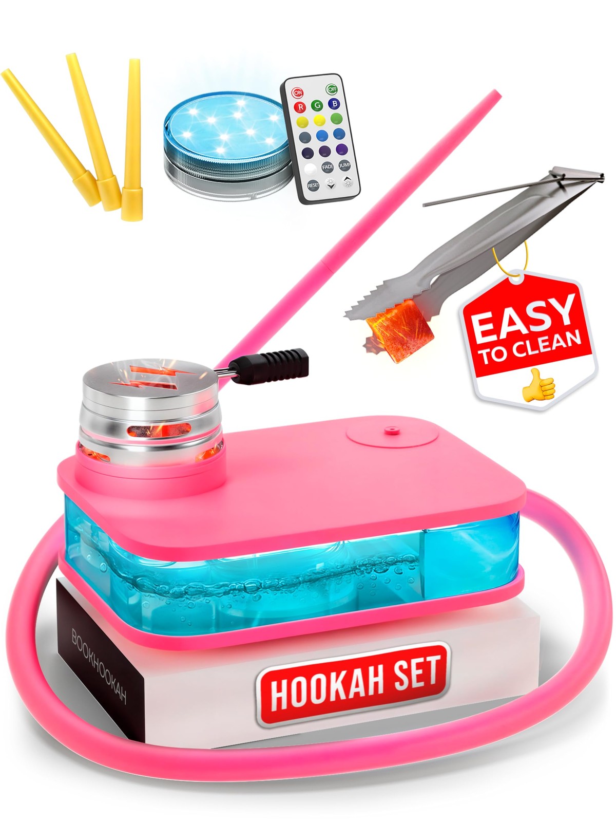 Pink Portable Hookah Set Travel Case Acrylic LED HMD Silicone Hose