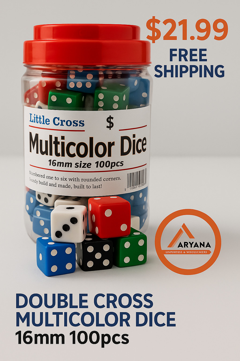DOUBLE CROSS MULTICOLOR DICE – 16MM (100CT JAR) | ONLY $21.99 – FREE SHIPPING