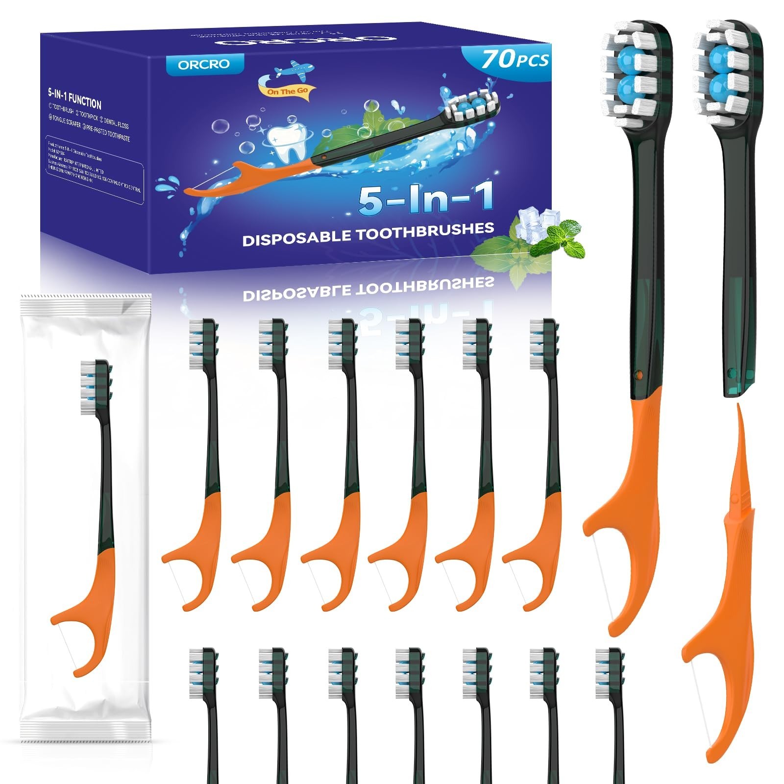 70Pack Disposable Toothbrushes with Toothpaste Pick Floss & Tongue Scraper | …