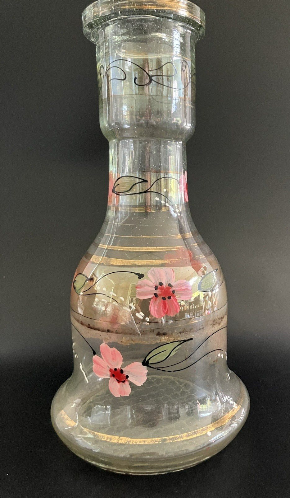 Vintage Bohemian Glass Hookah Vase Decanter Hand Painted Pink Flowers Black Gold