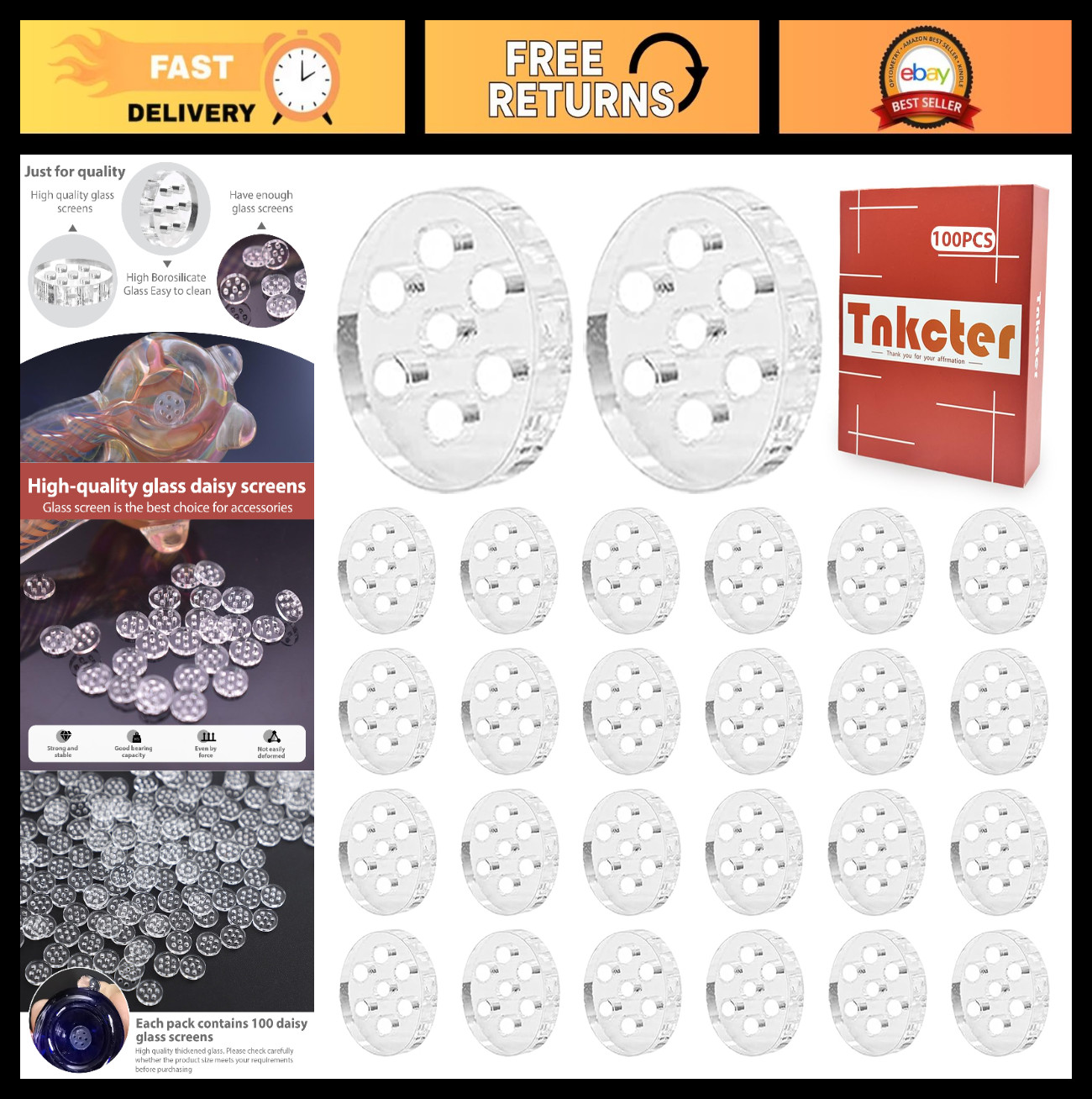 100-Pack 8mm Borosilicate Glass Screens | Reusable, Easy Clean, 7 Honeycomb Hole
