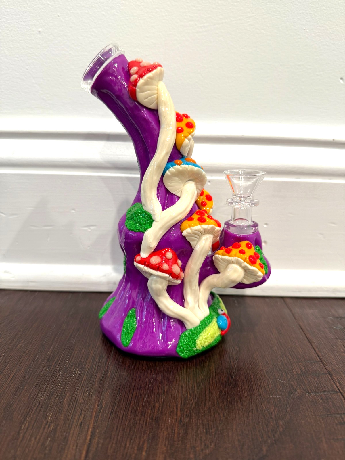 7” Premium Glass Water Pipe Art Mushroom Mountain Pink Glow in Dark 14mm
