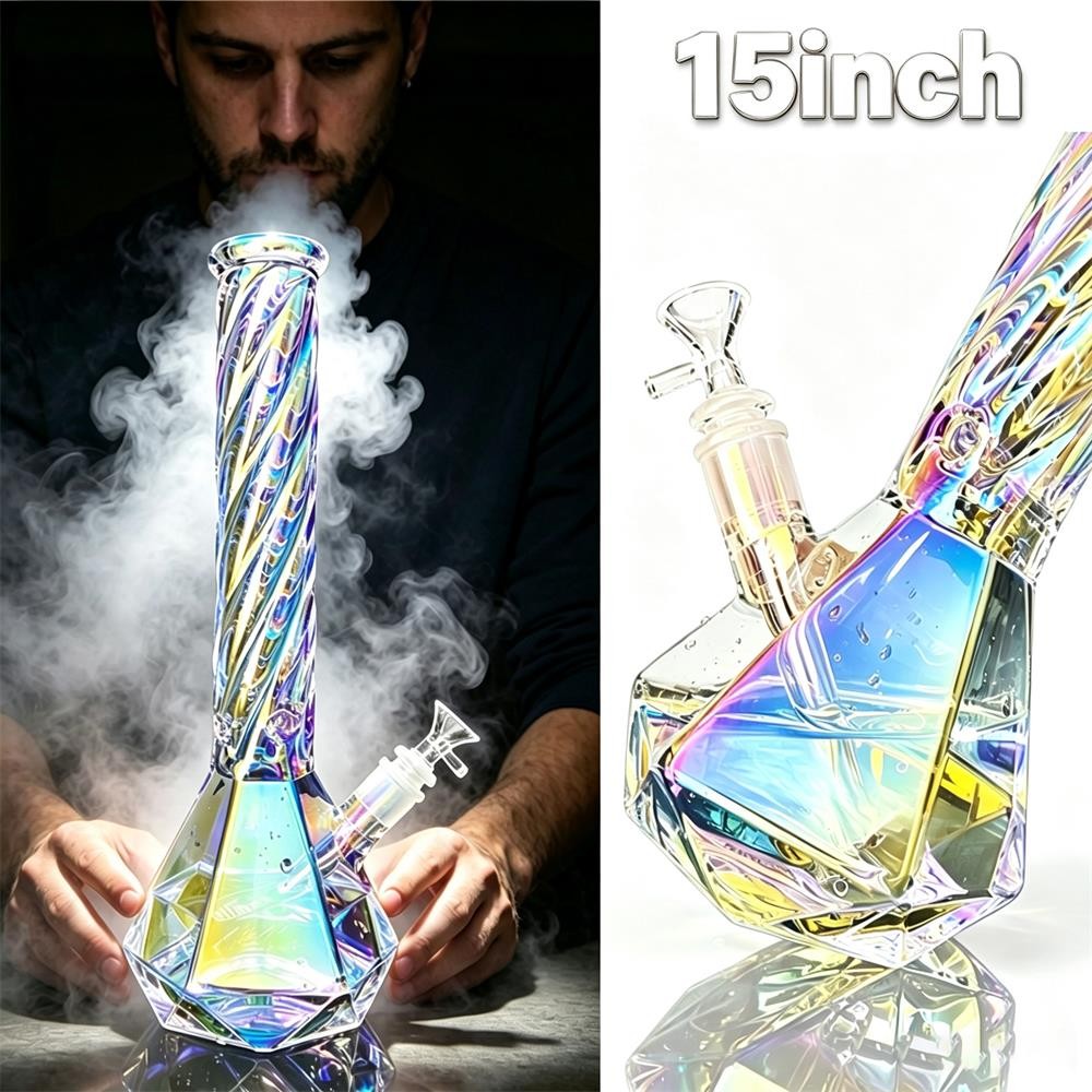 15 inch Iridescent Glass Bong Percolator Water Pipe Thick Smoking Hookah Beaker