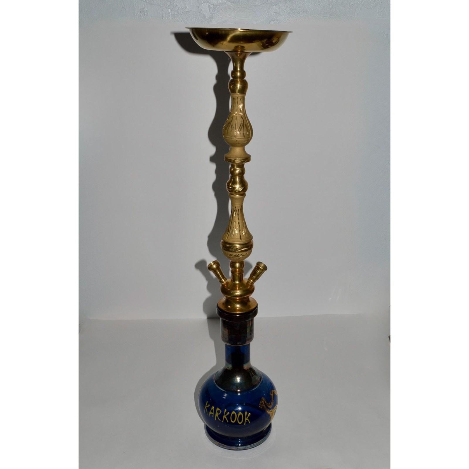 Brass Hookah, Cobalt Blue Glass, Karkook Iraq Souvenir, Camel Motif Water Pipe