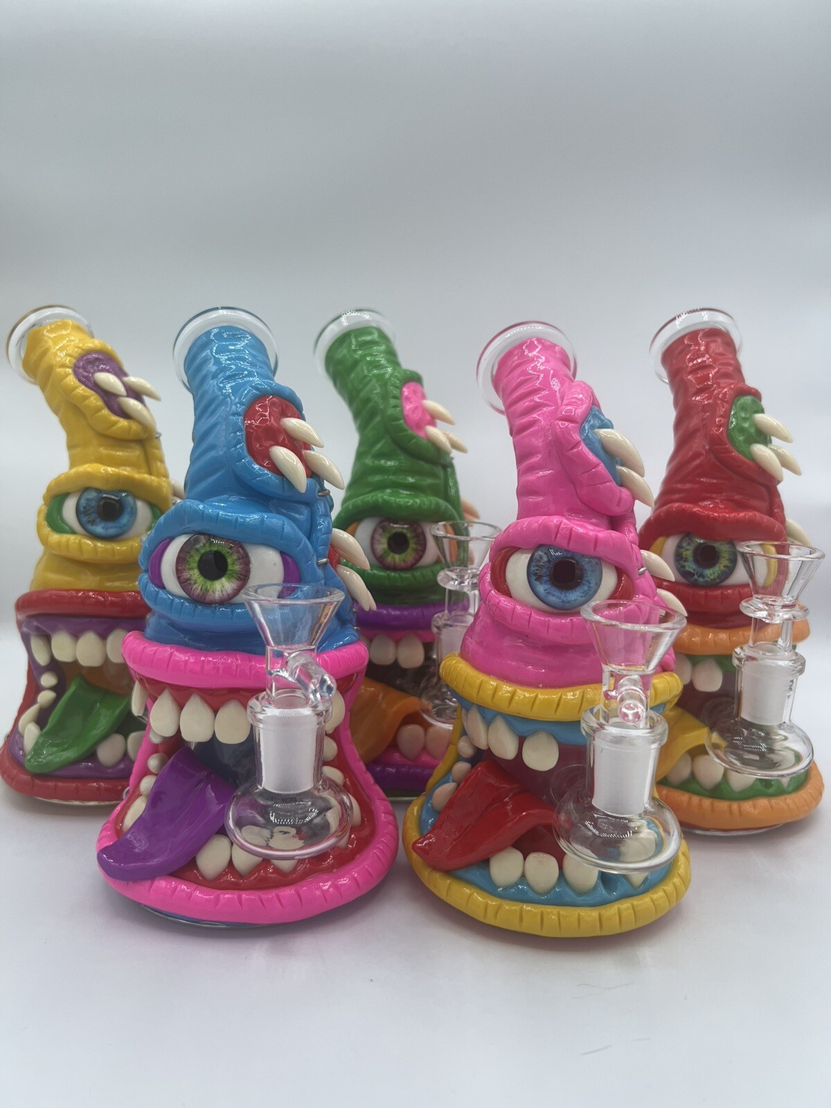 7&Prime; Green Monster Eye Colorful Thick Glass Bong Free Bowl Teeth Unique Color