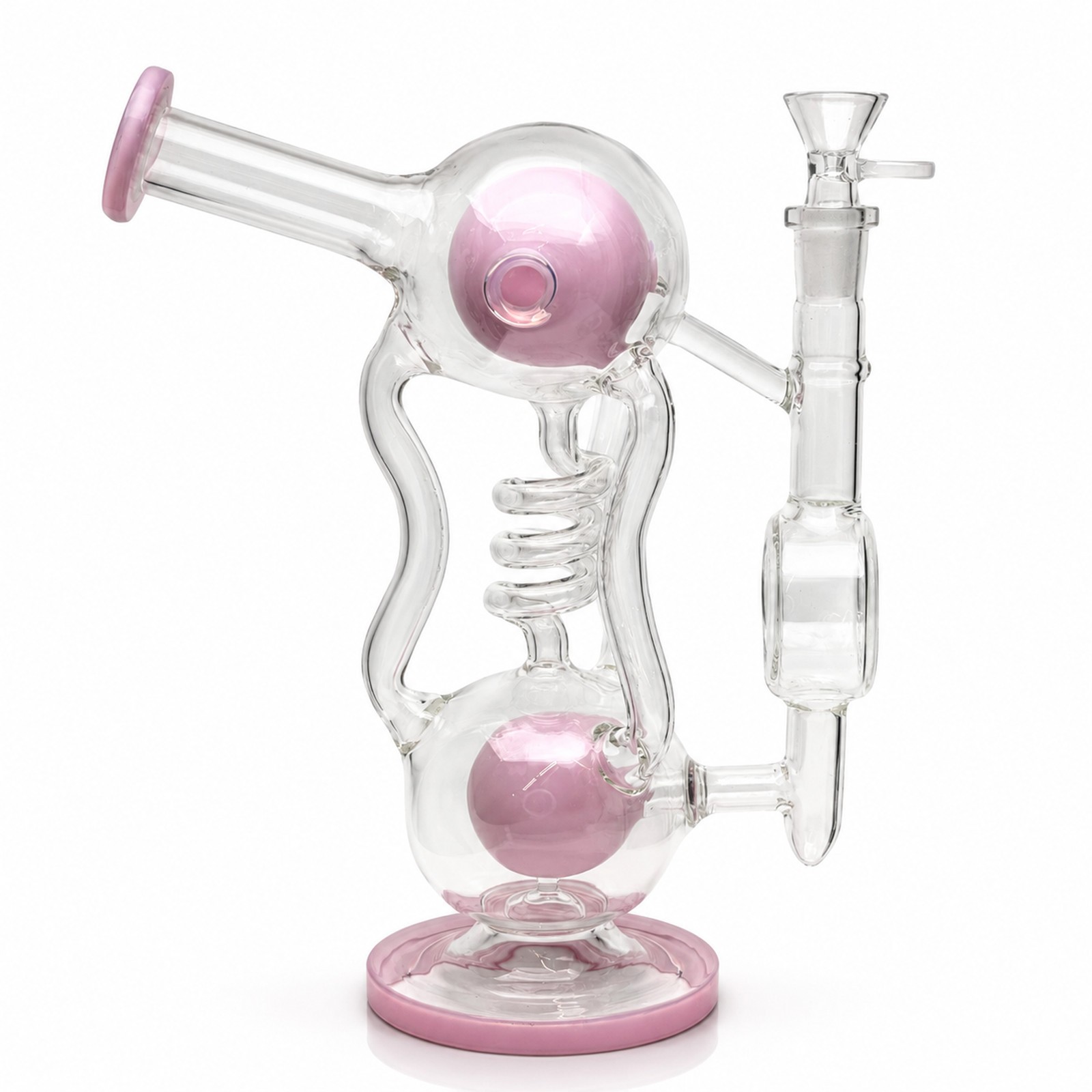 10.5&Prime; Pink Twin Orb Coil Recycler Bong Glass Water Pipe Smoking Hookah 14mm Bowl