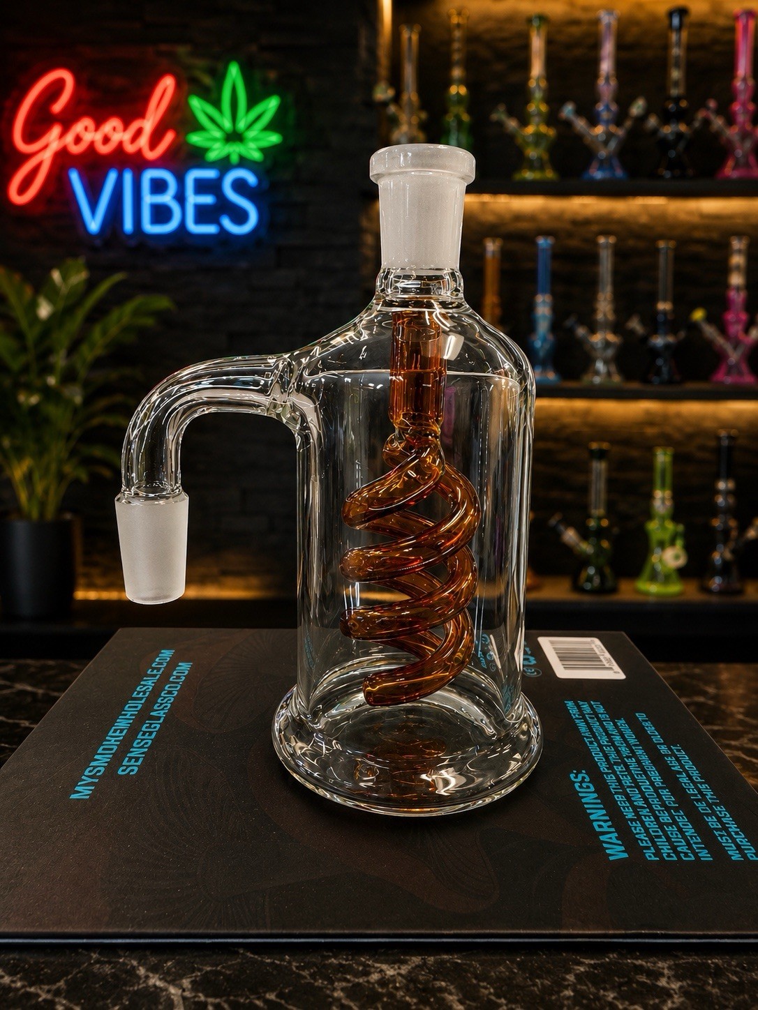 Premium Glass Ash Catcher-Amber Spiral Recycler 14mm Joint 90° For Tobacco 18+