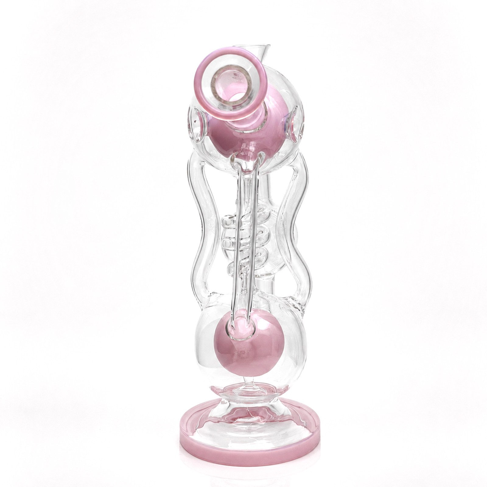 10.5&Prime; Pink Twin Orb Coil Recycler Bong Glass Water Pipe Smoking Hookah 14mm Bowl