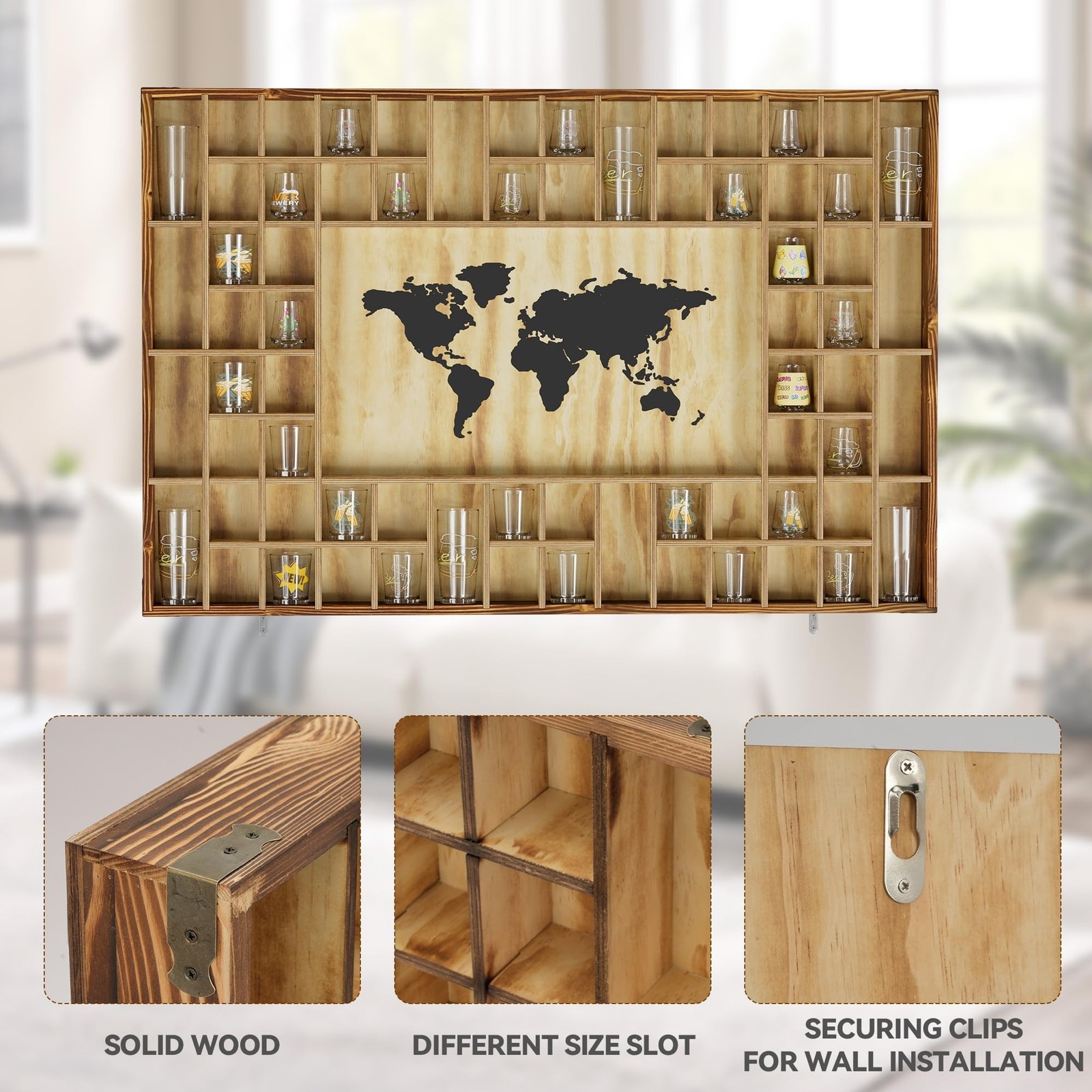 68 Large World Map Shot Glass Display Case Rustic Shot Glass Holder 37x 24.4i…