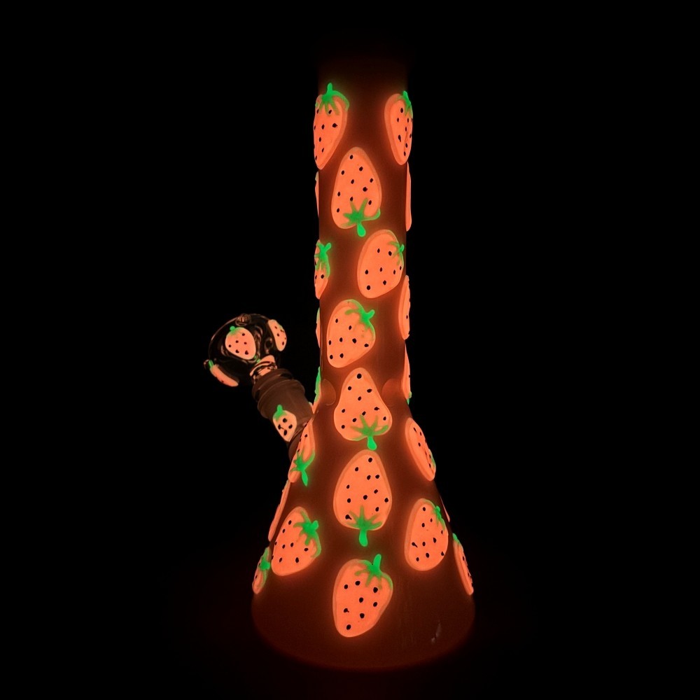 10&Prime; Glow in the Dark 3D Strawberry Glass Bong Beaker Bubbler Hookah USA Stock