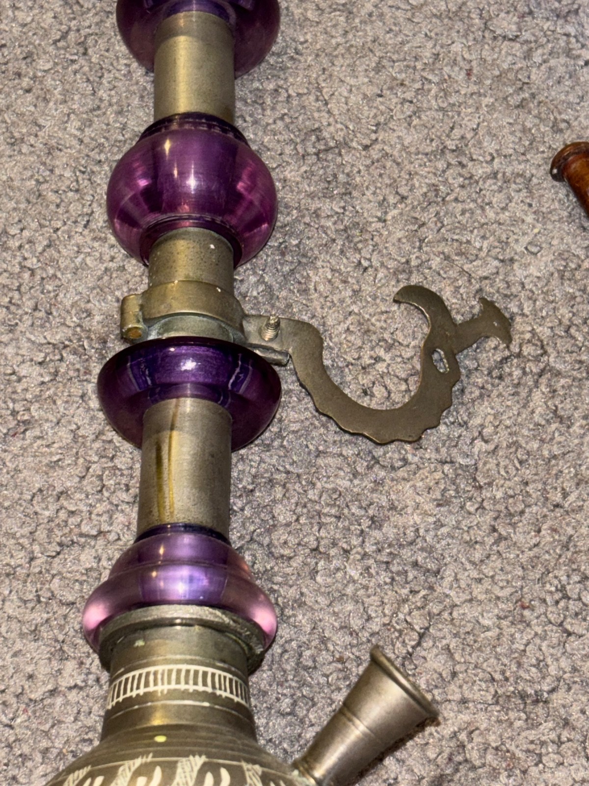 Vintage Indian Etched Brass and Purple Hookah Water Pipe Tobbaciana Missing Bowl