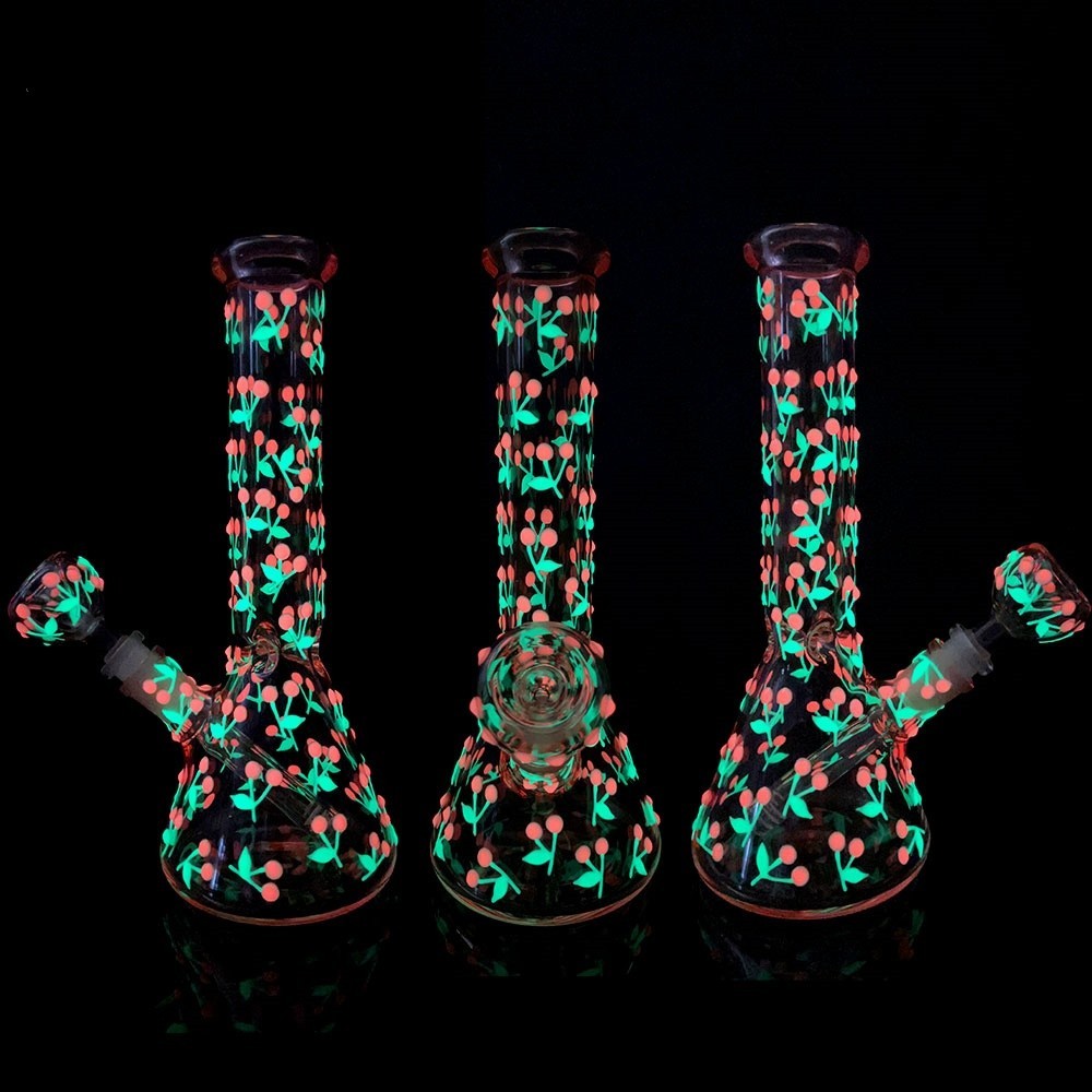 Pink 10&Prime; Cute Glass Bong Cherry Glow in the Dark Smoking Beaker Water Pipe Girly