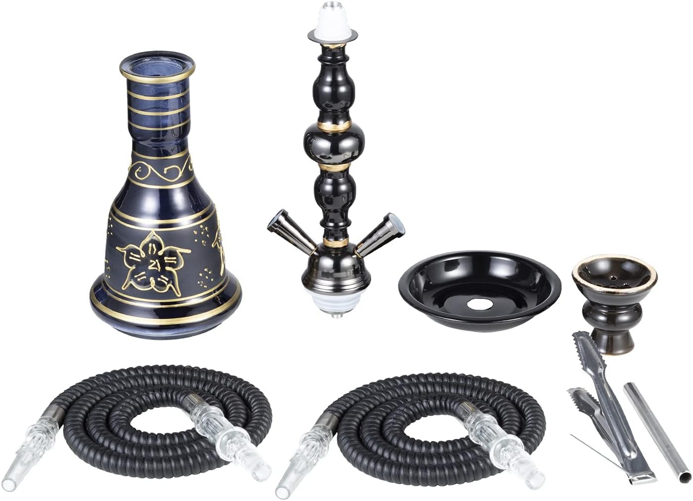 20&Prime; Hookah Set – 2 Hose Premium Shisha Hookah Kit with Glass Vase, Ceramic Bowl