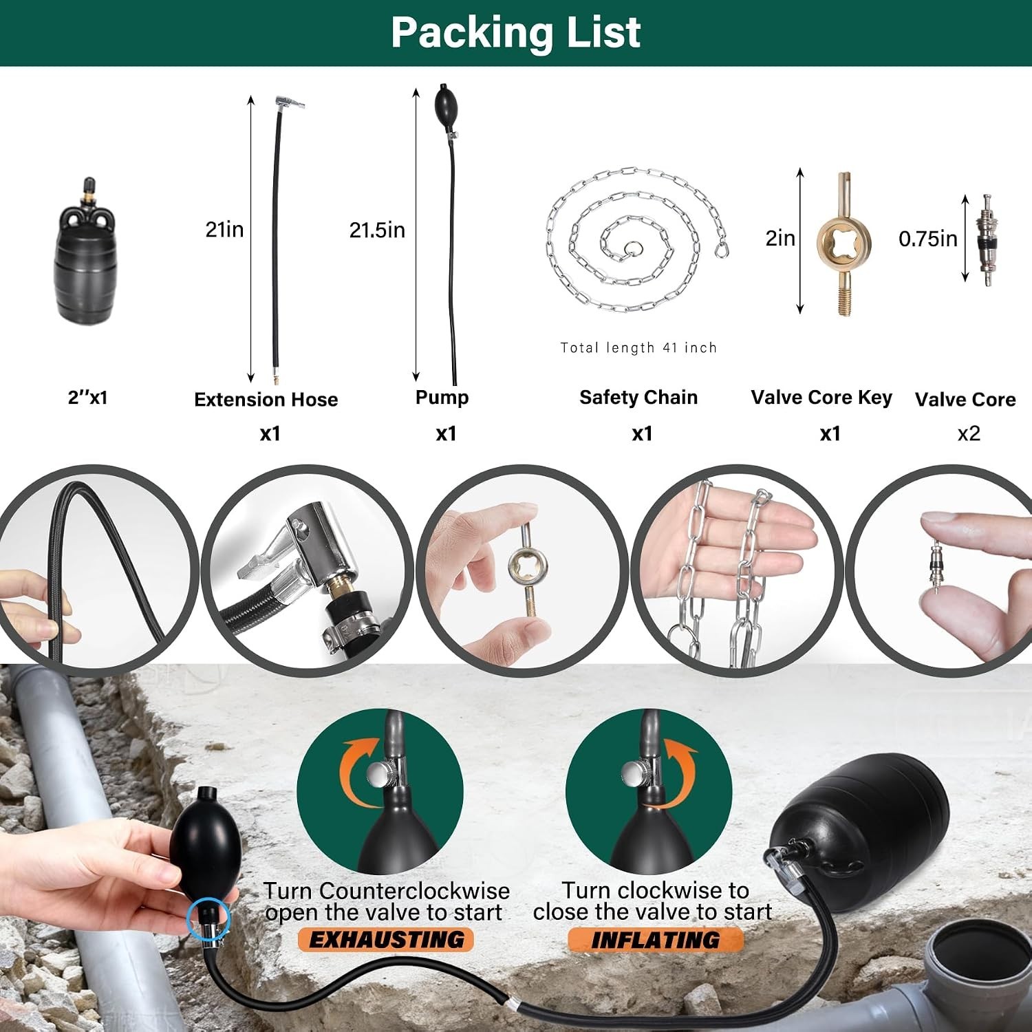 Durable 2&Prime; Inflatable Pipe Plug Kit with Safety Chain & Pump for Plumbing Tests
