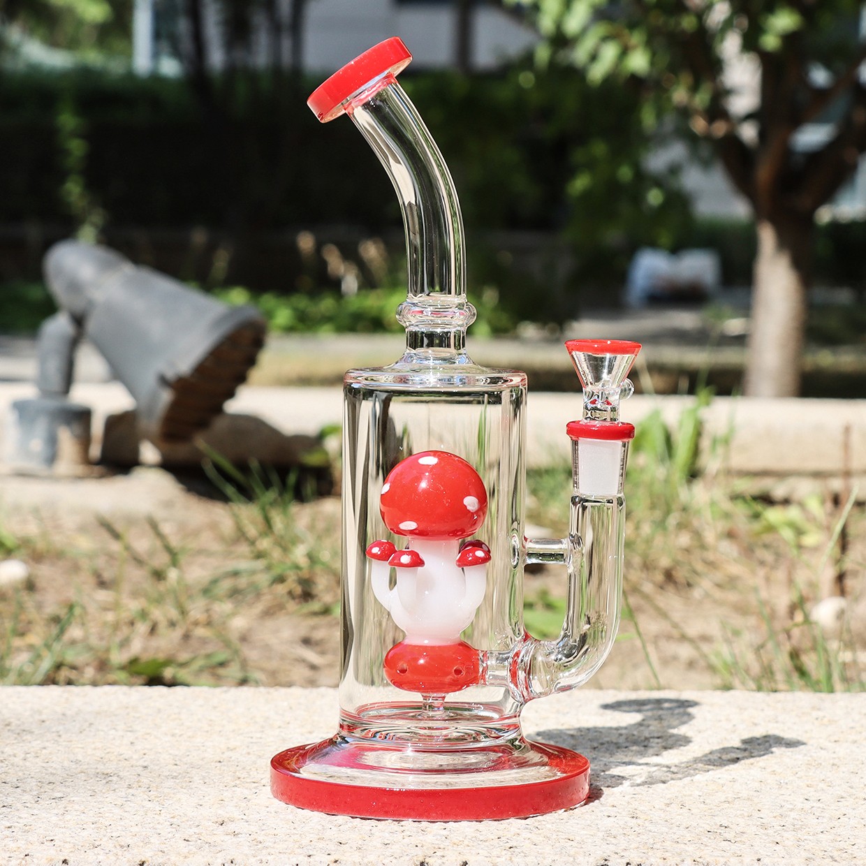 Red 10in Glass Bong and Water Pipes Smoking Mushroom Perc Bongs Hookah 14mm bowl