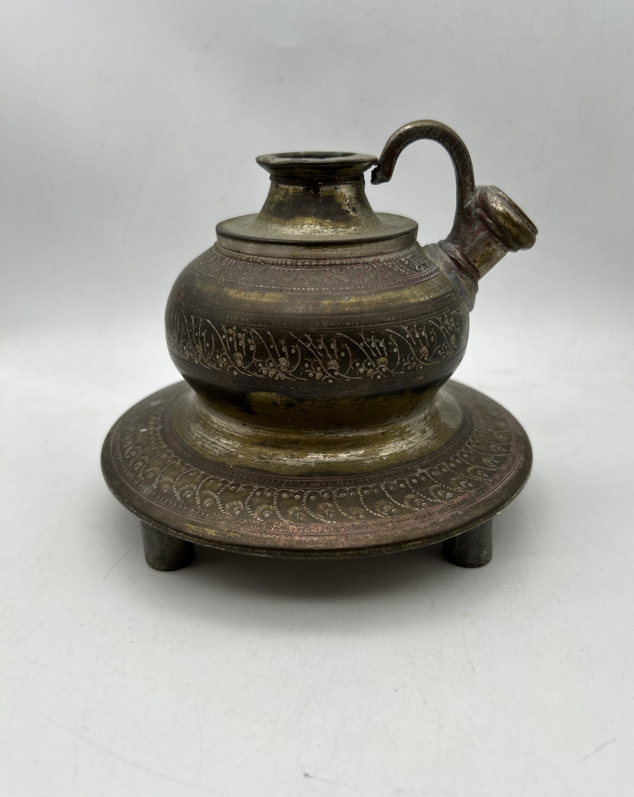 Vintage Antique Brass & Steel Engraved Hookah Base Pot