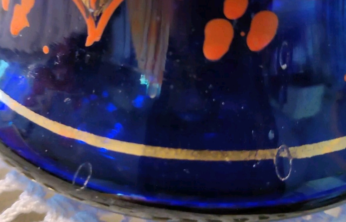 Antiq Hand Painted Persian Hookah Glass Bottle Cobalt Blue/Purplish Gold Accents
